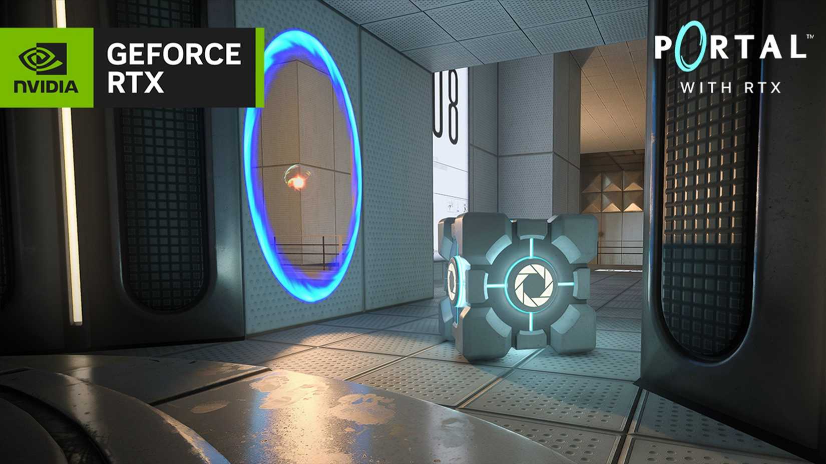 Portal NVIDIA Geforce RTX mostra um cubo iluminado próximo a um portal azul-1