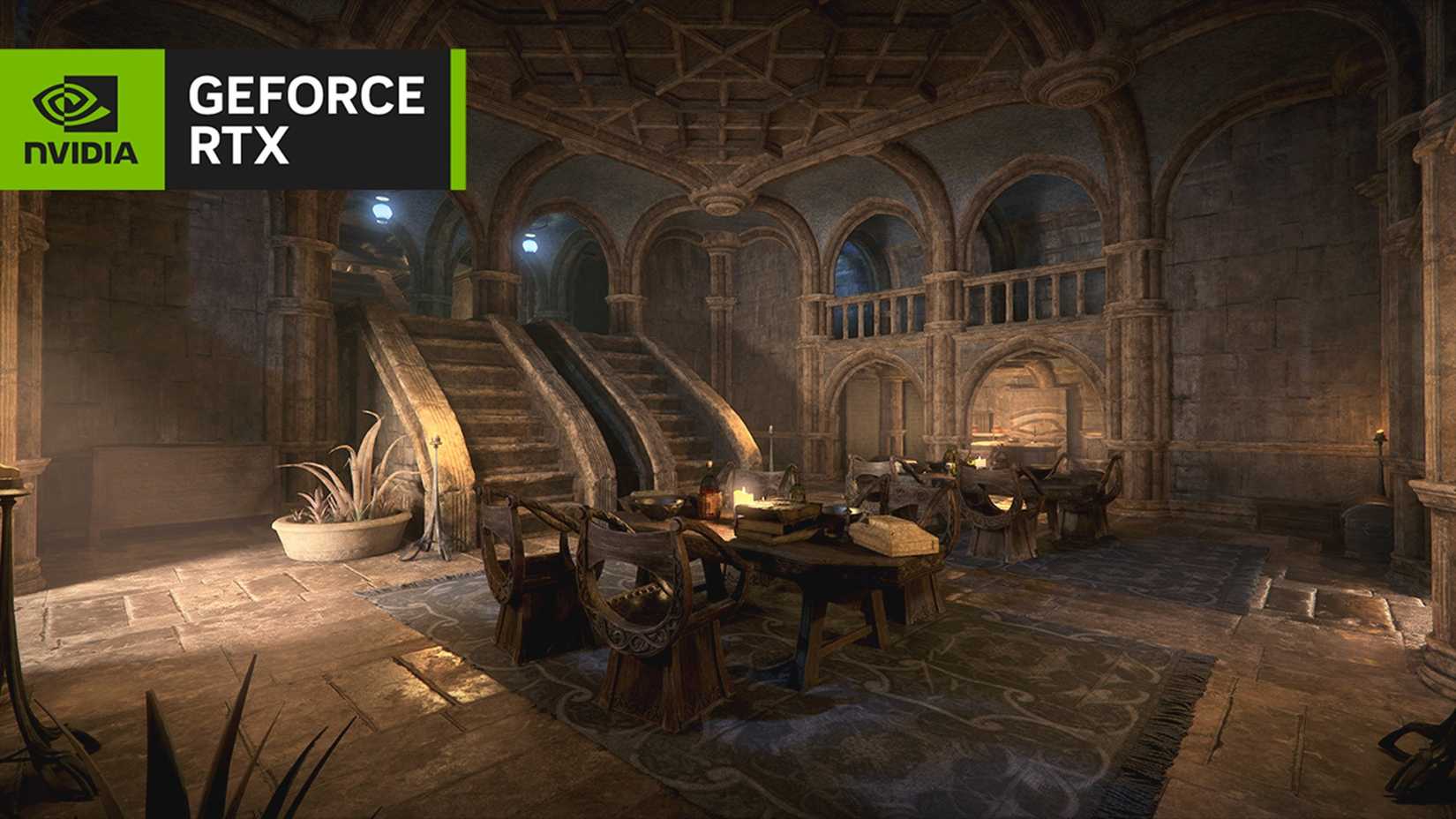 NVIDIA Geforce RTX Portal shows a dining hall with improved graphics from Morrowind-1