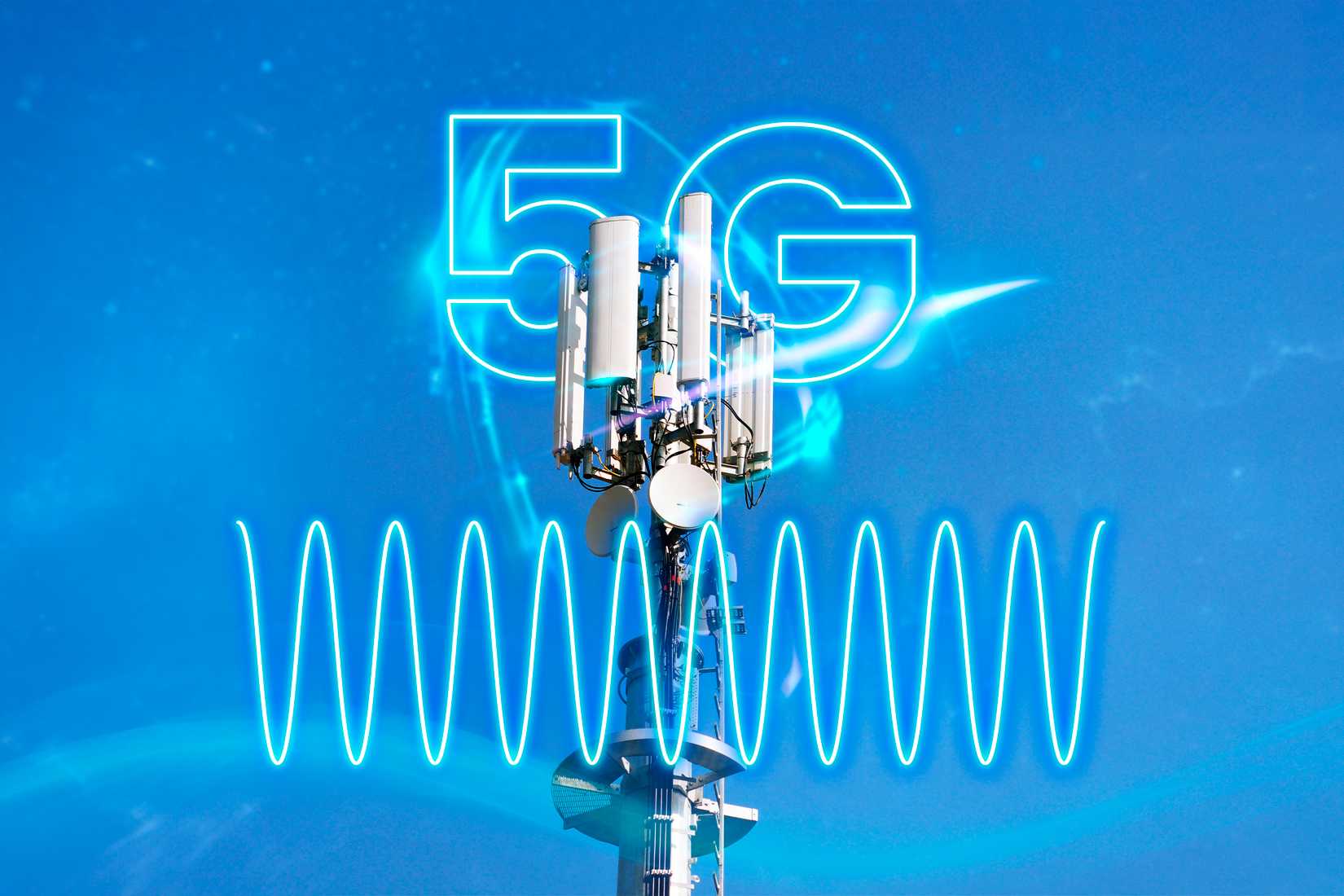 Uma torre de celular com ondas de frequência 5G.