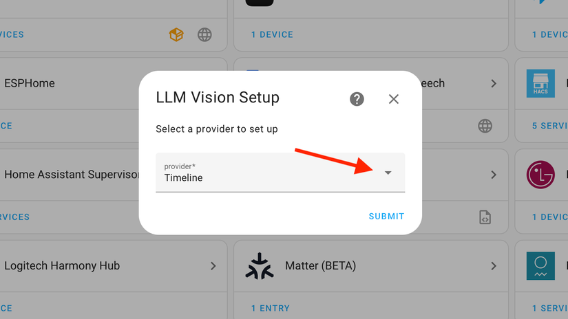 Выпадающий список провайдеров для LLM Vision в Home Assistant.