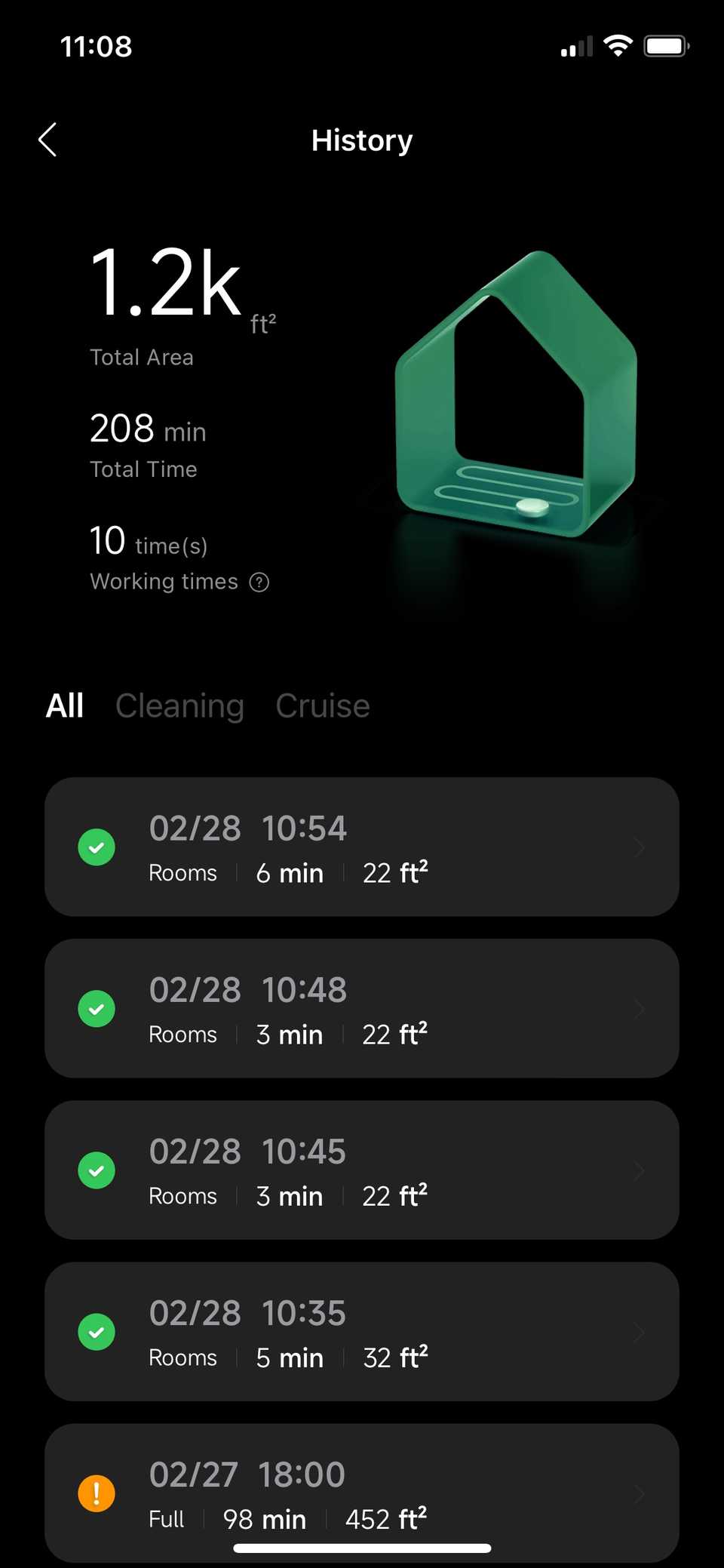 Roborock 应用中的历史记录仪表盘。