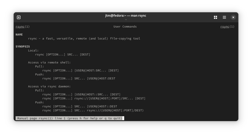 A screenshot of the man page for the rsync utility.