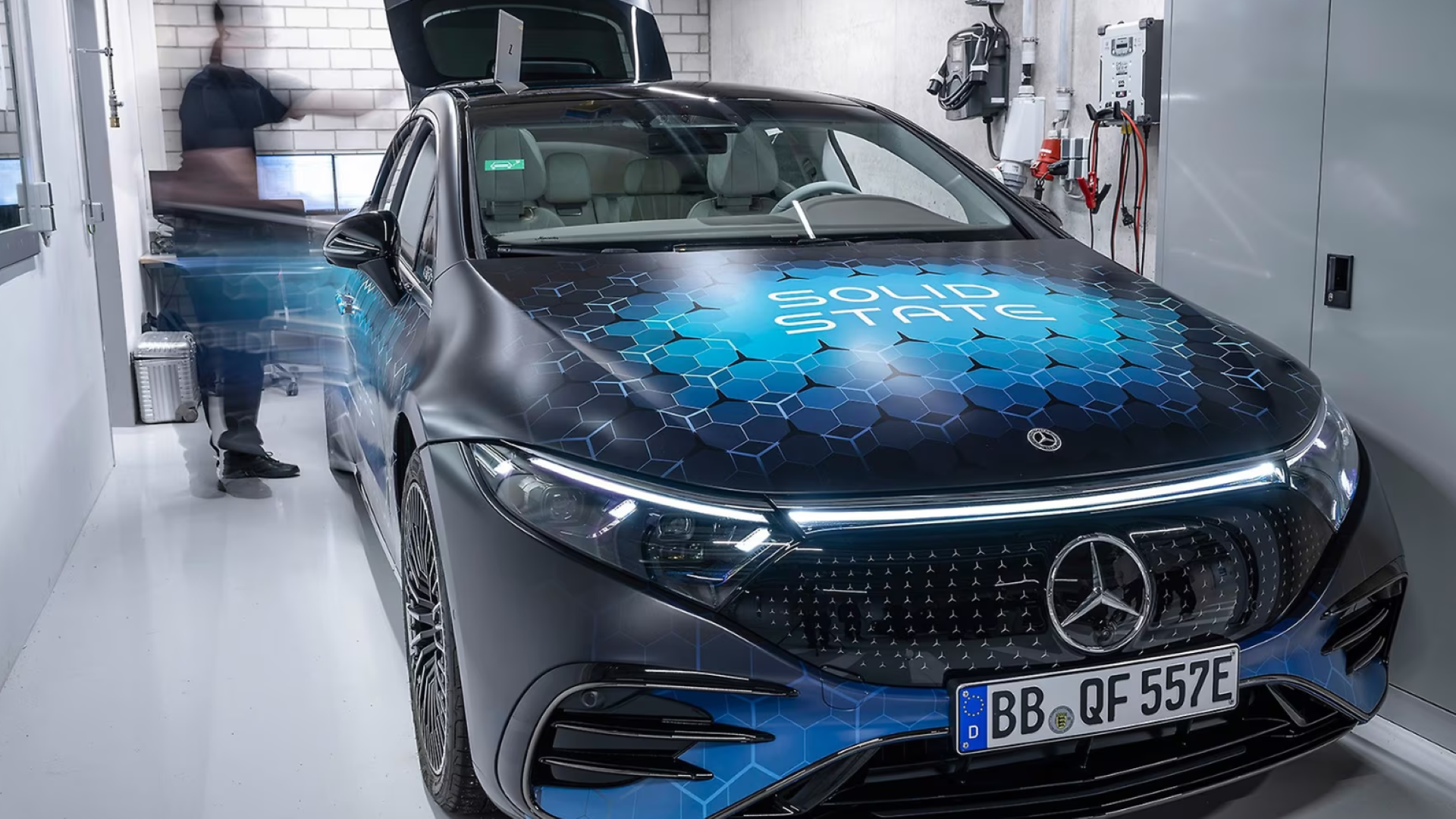 Front 3/4 shot of Mercedes-Benz's Solid-State EQS Test Car