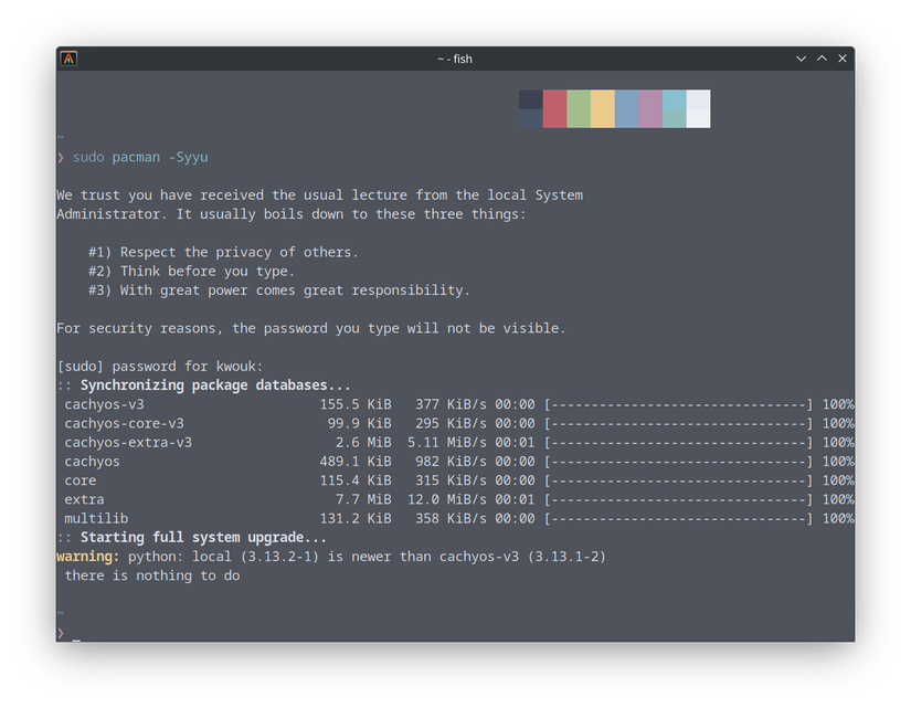 Screenshot showing upgrading CachyOS via the pacman command.