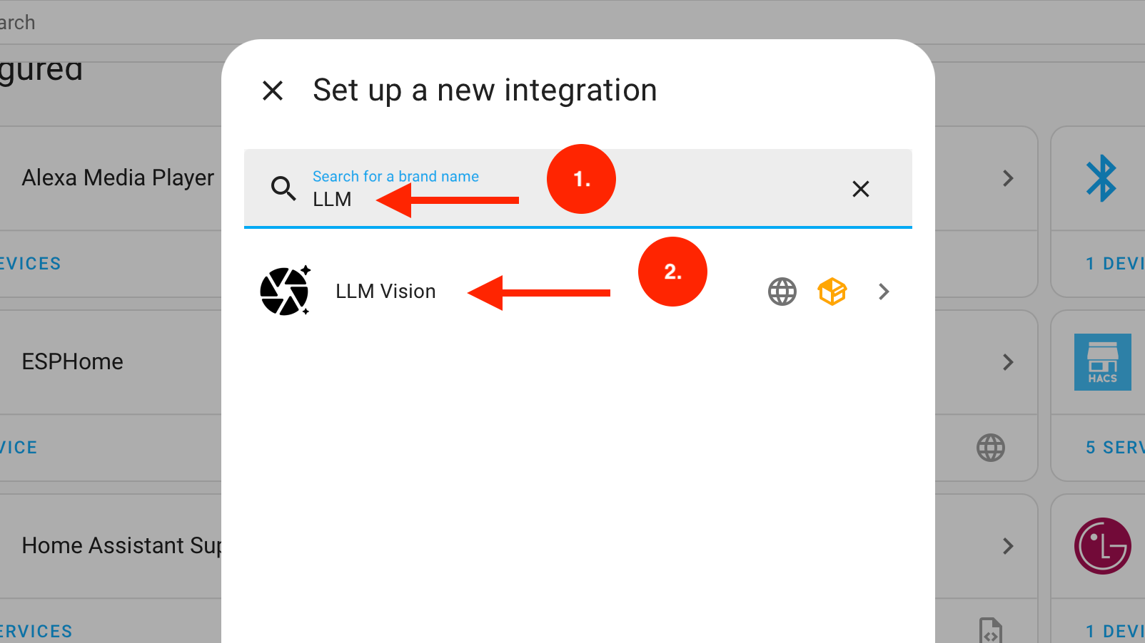 Search for and select the LLM Vision integration in Home Assistant.