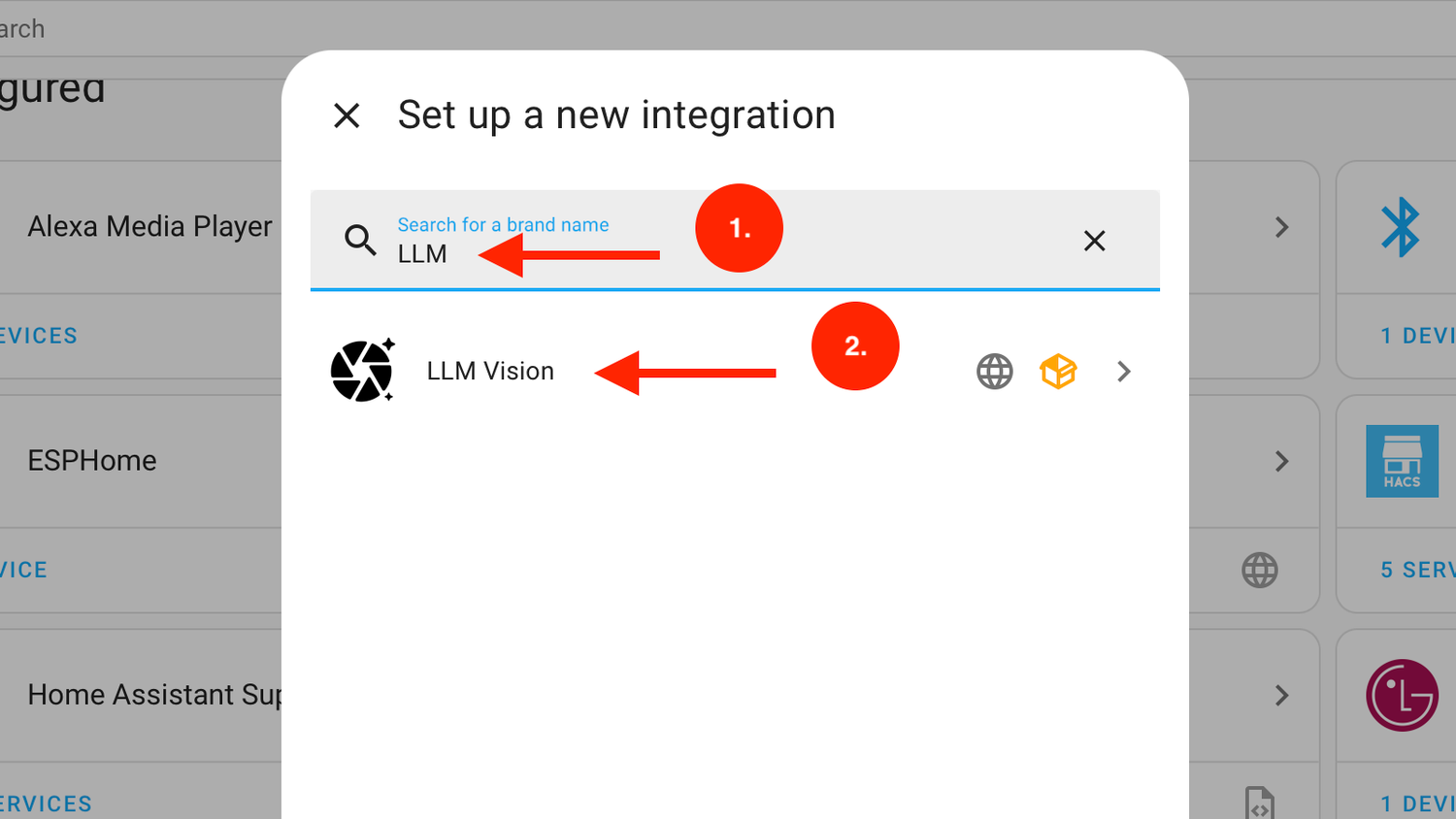 Search for and select the LLM Vision integration in Home Assistant.
