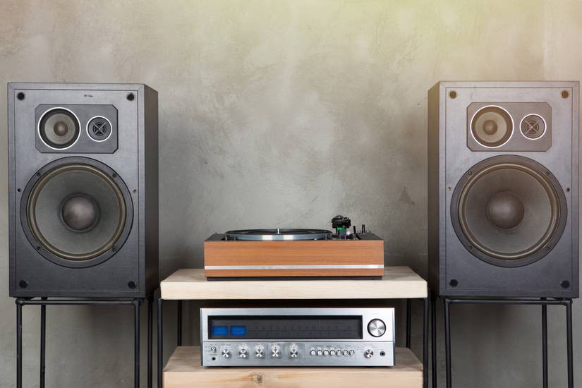 リビングに設置された大型ステレオスピーカー