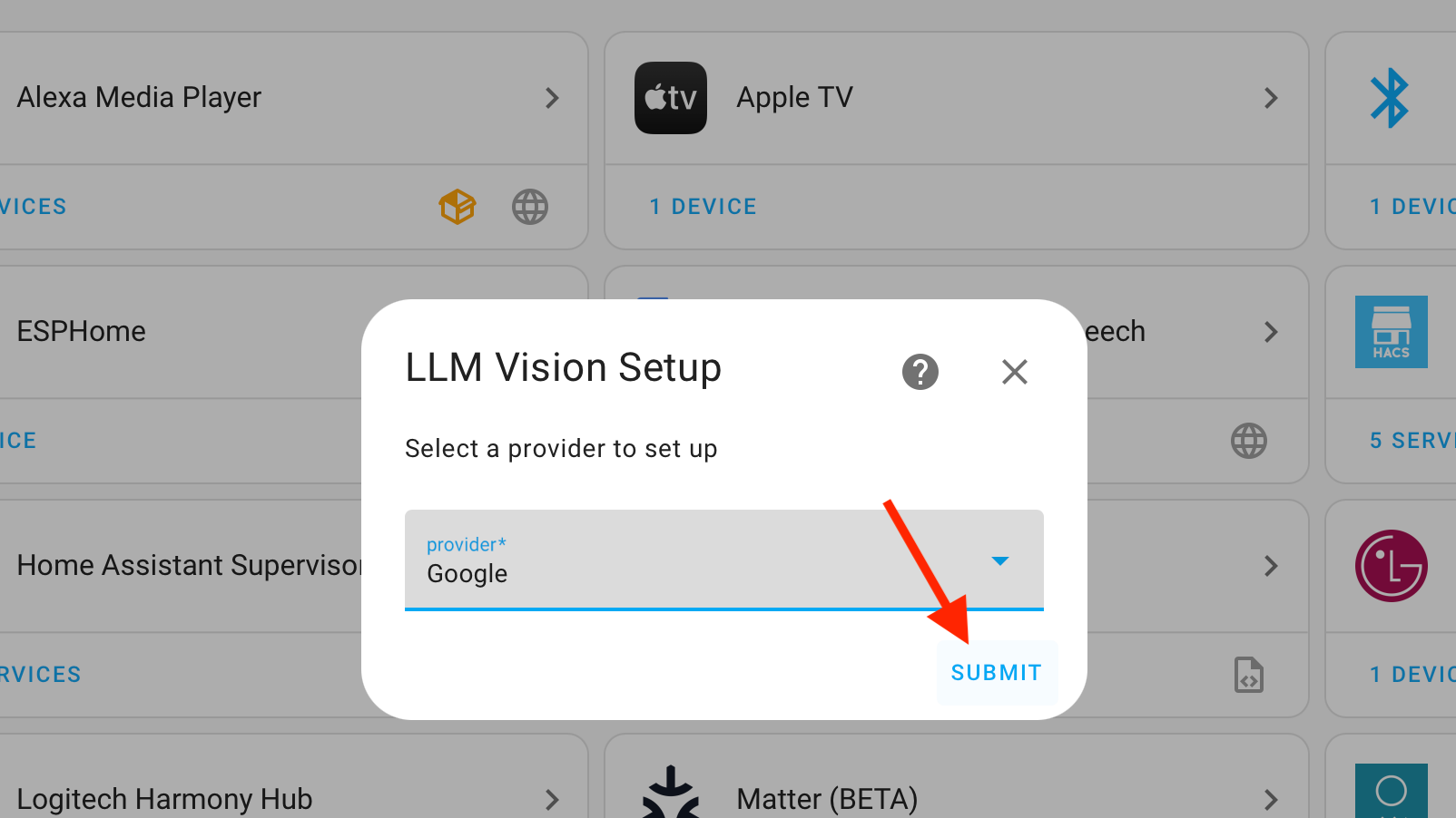 Submit button for LLM Vision integration in Home Assistant.