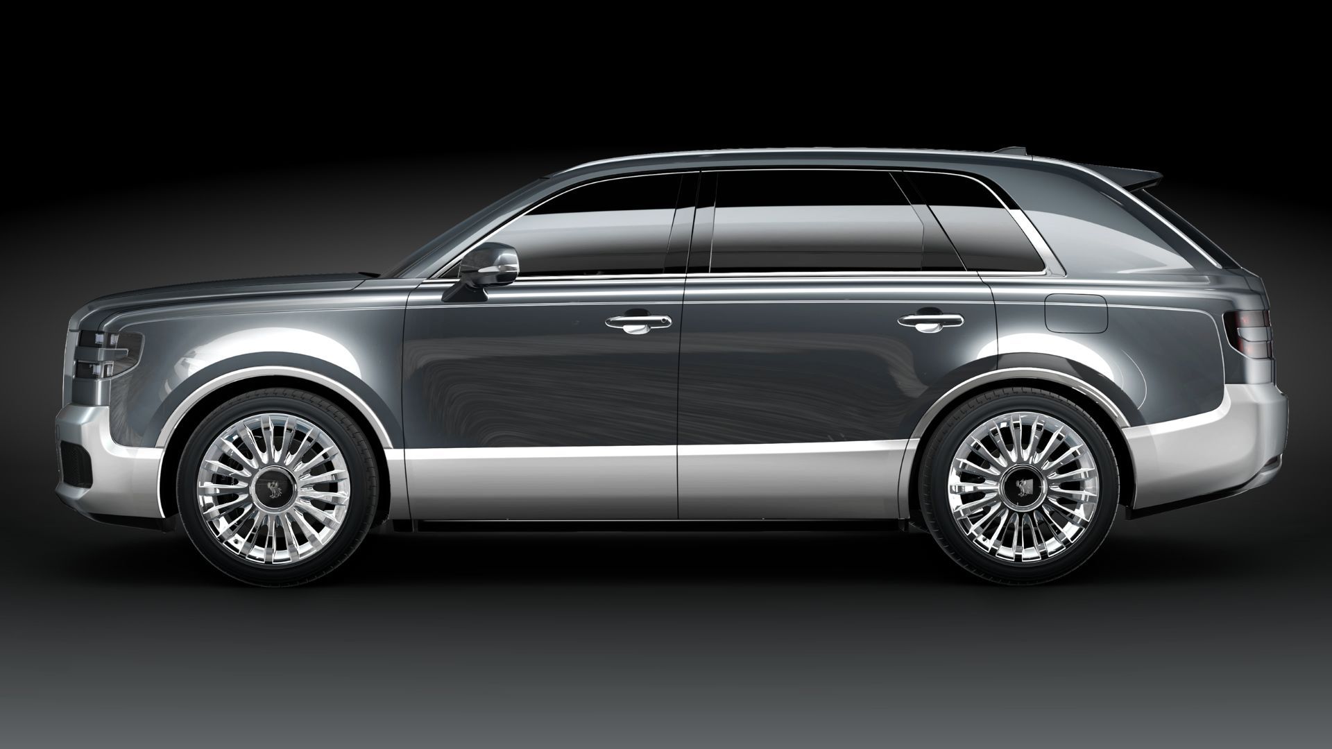 Side profile view of a gray Toyota Century with a black backdrop in a studio.