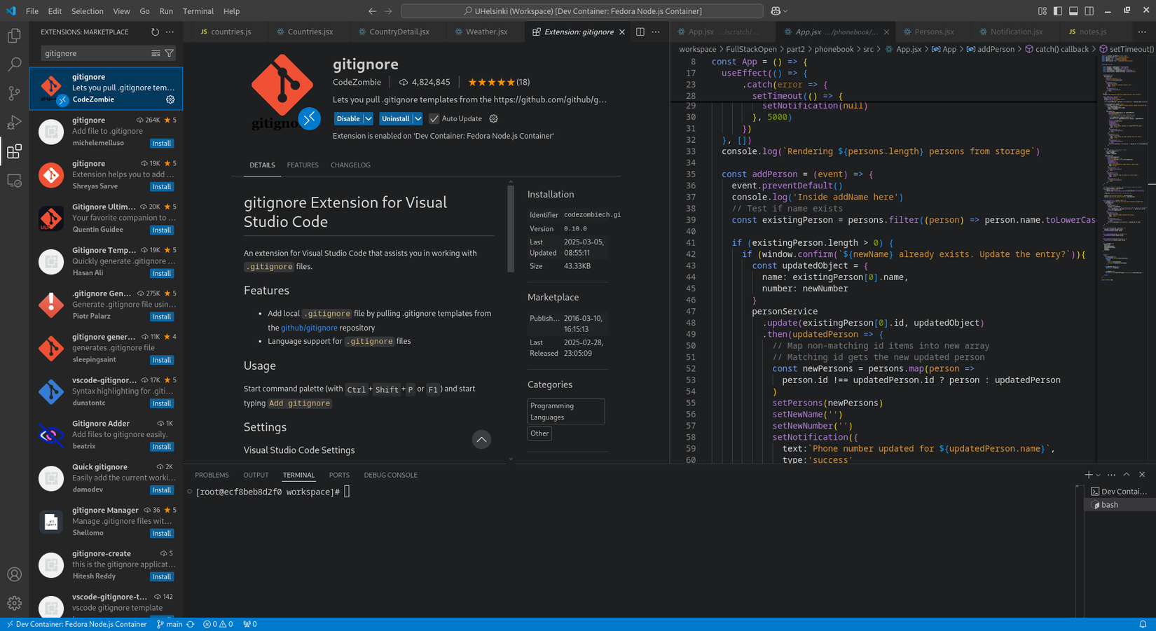 Меню расширения VS Code с описанием Gitignore