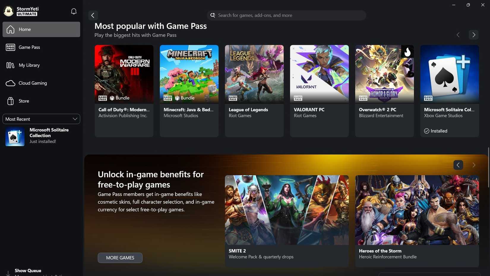 Xbox Game Pass menu with games lined up