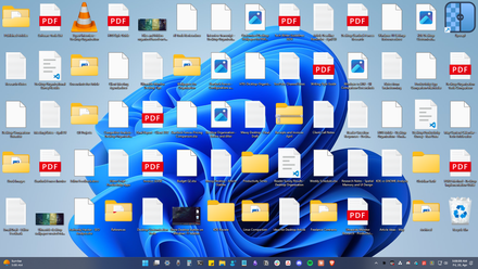 A messy Windows 11 desktop contaminated with random files and folders.