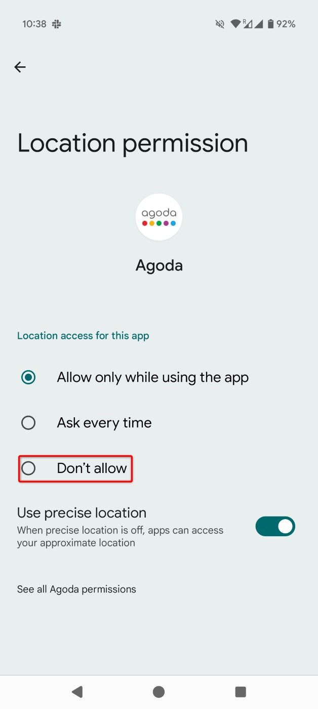 "Don't Allow" highlighted for location services for an app in Settings.