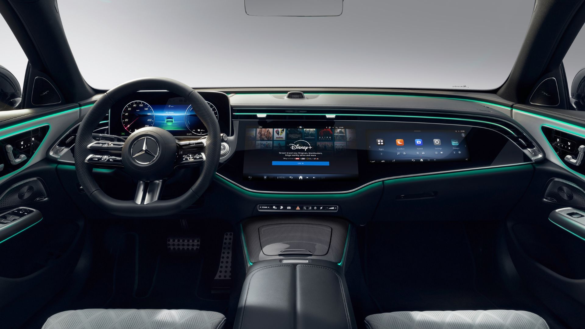 Close-up shot of a Mercedes-Benz interior with the infotainment screen displaying Disney .