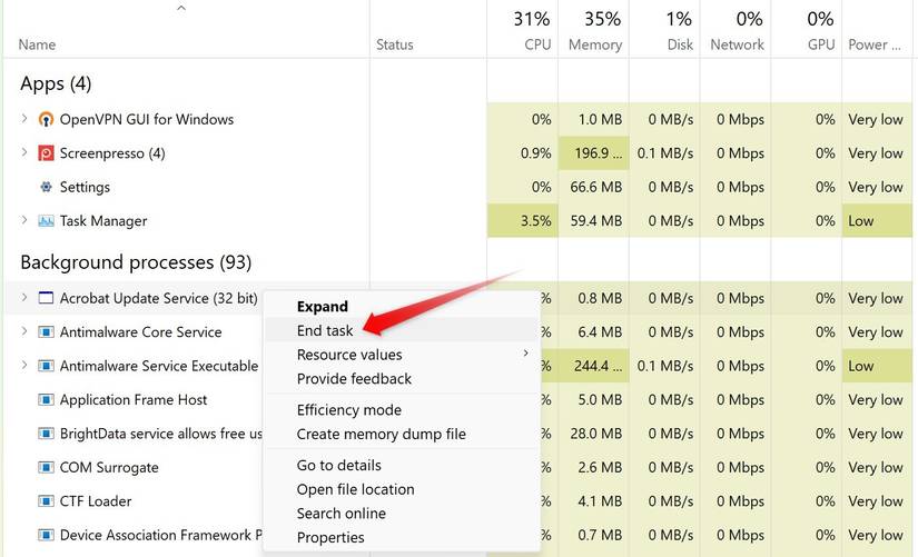 Desativando um serviço de segundo plano no gerenciador de tarefas no Windows.