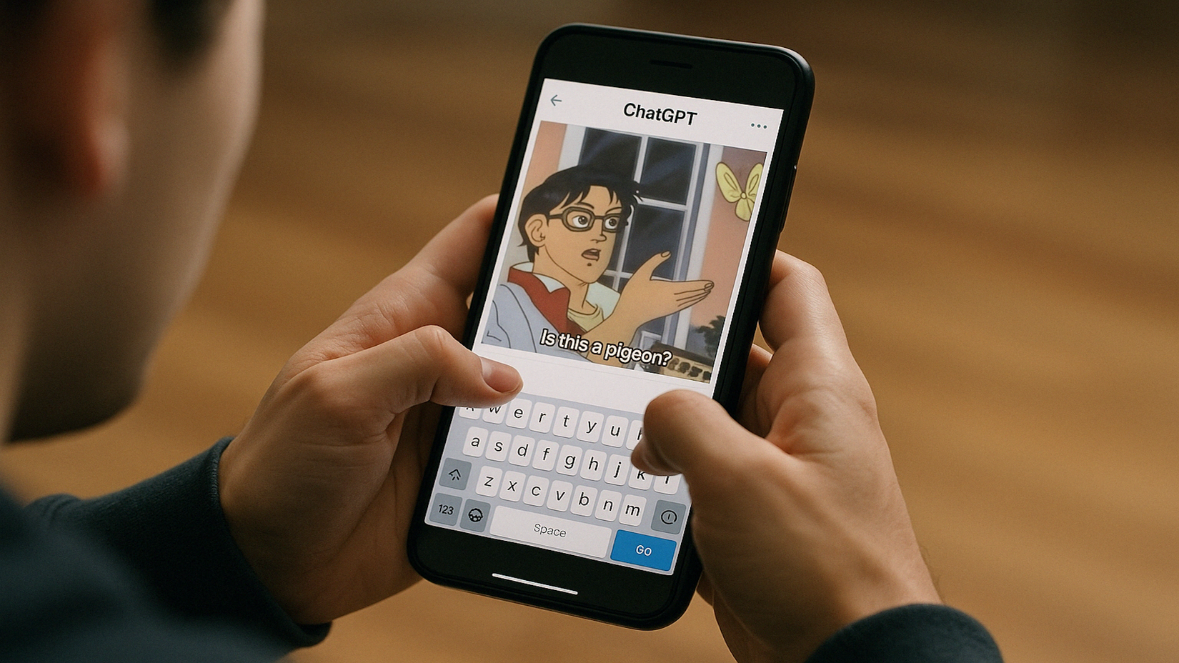 Uma imagem gerada pelo ChatGPT de um homem criando imagens do Studio Ghibli em seu telefone usando o ChatGPT.