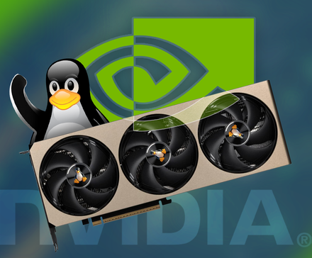 Uma GPU com o mascote do Linux ao lado e o logotipo da Nvidia ao fundo.