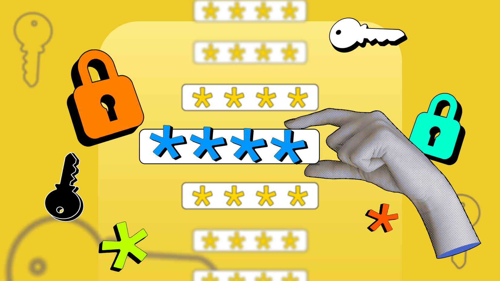 A hand holding a password field, with multiple passwords in the background and padlock and key icons around it.