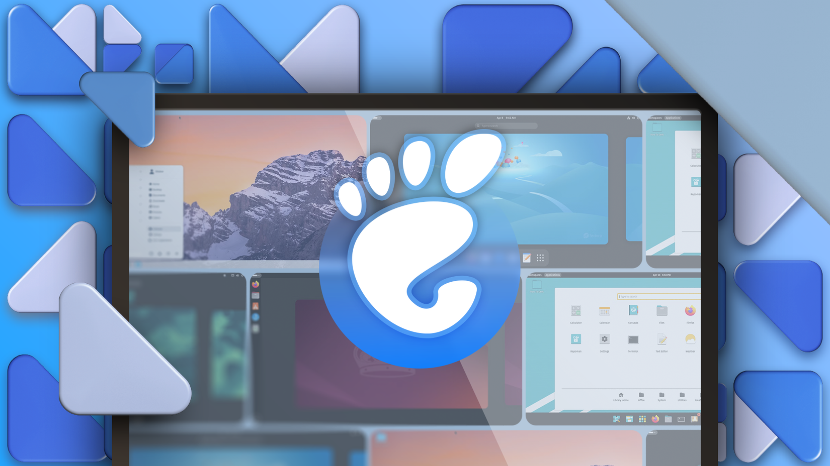A screen displaying the GNOME logo and several Linux distros, with a geometric pattern in the background.