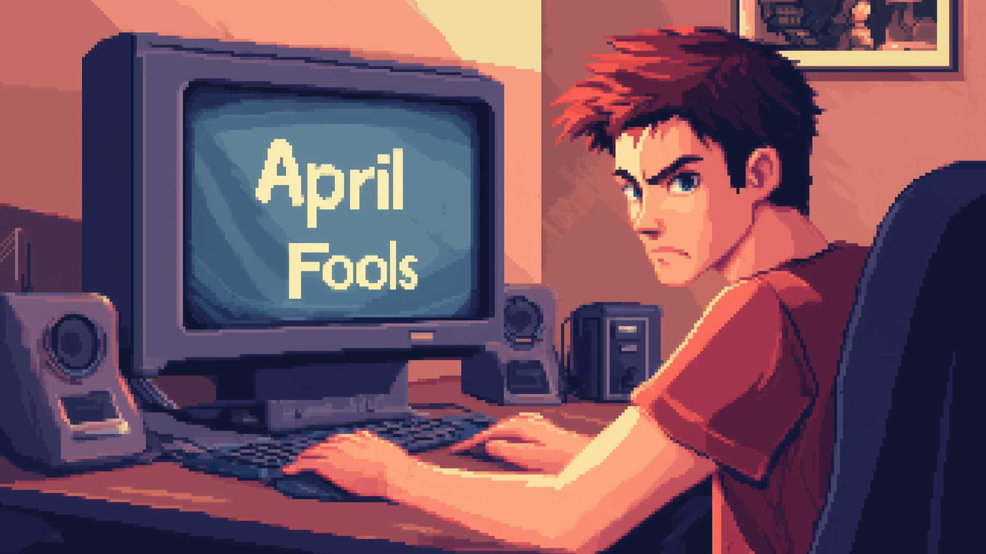 صورة فنية مولدة بالذكاء الاصطناعي للاعب ينظر إلى المشاهد مع انزعاج وكلمات كذبة أبريل على شاشته