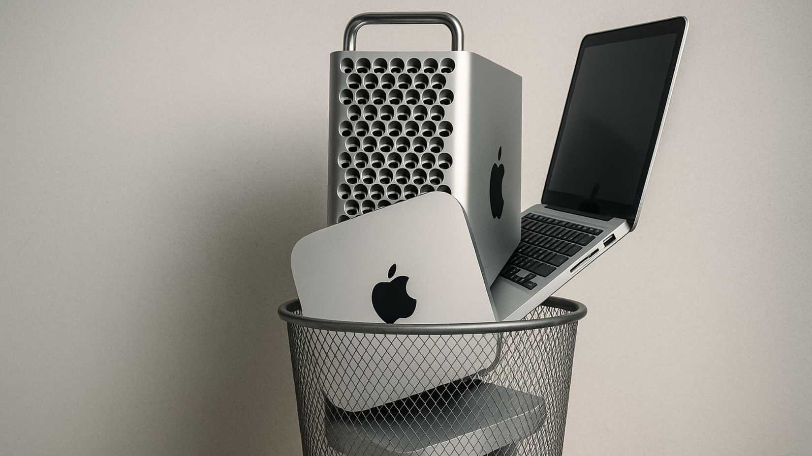 An AI-generated image of various Macs in a waste bin.