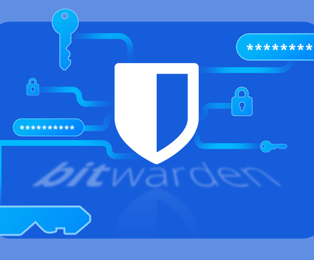 Bitwarden logo connected to passwords, padlocks, and keys.