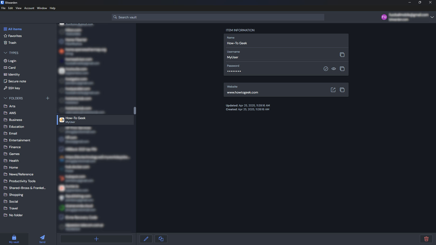 Bitwarden desktop app for Windows showing the main password vault screen