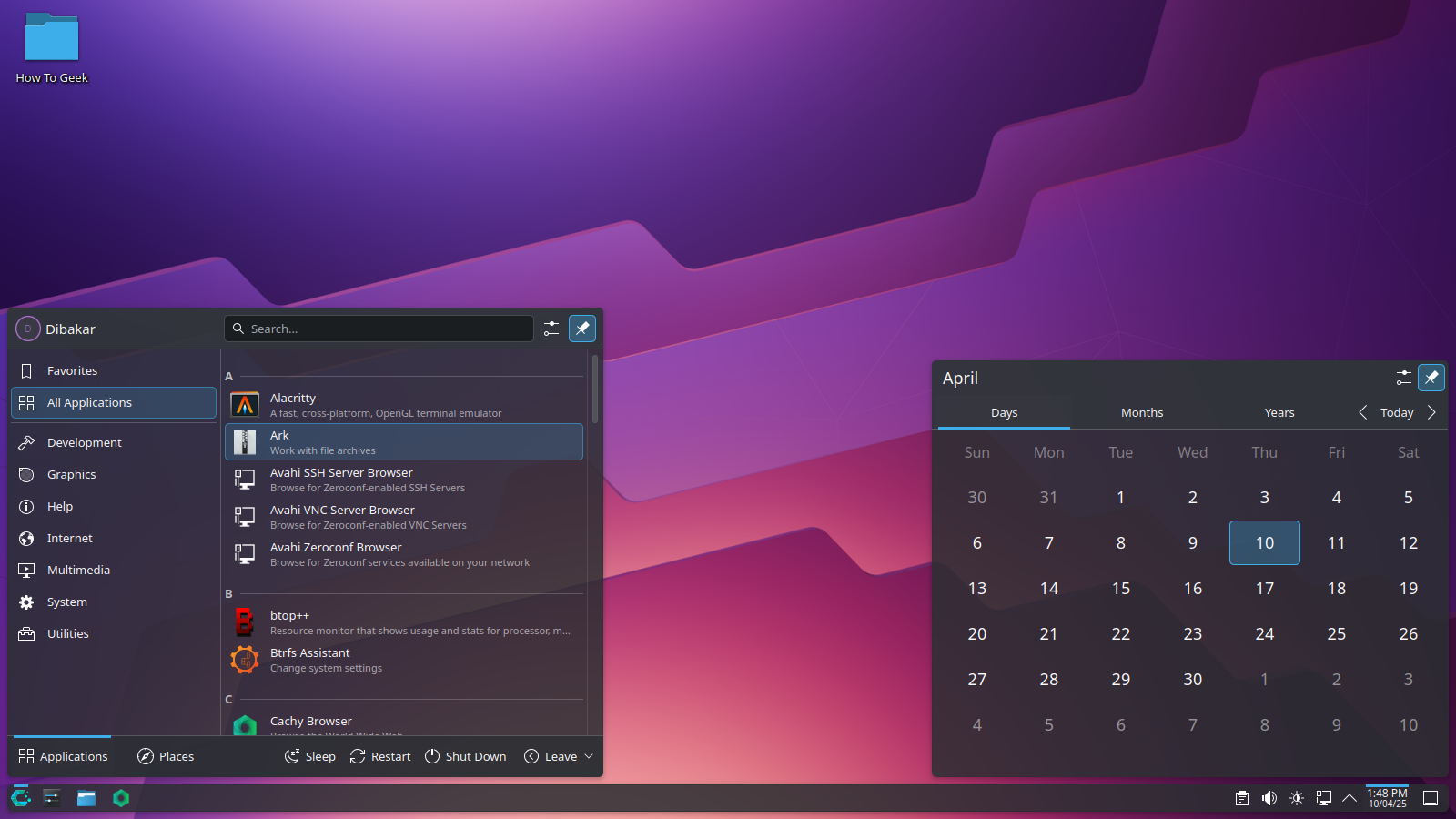 CachyOS Application Menu.