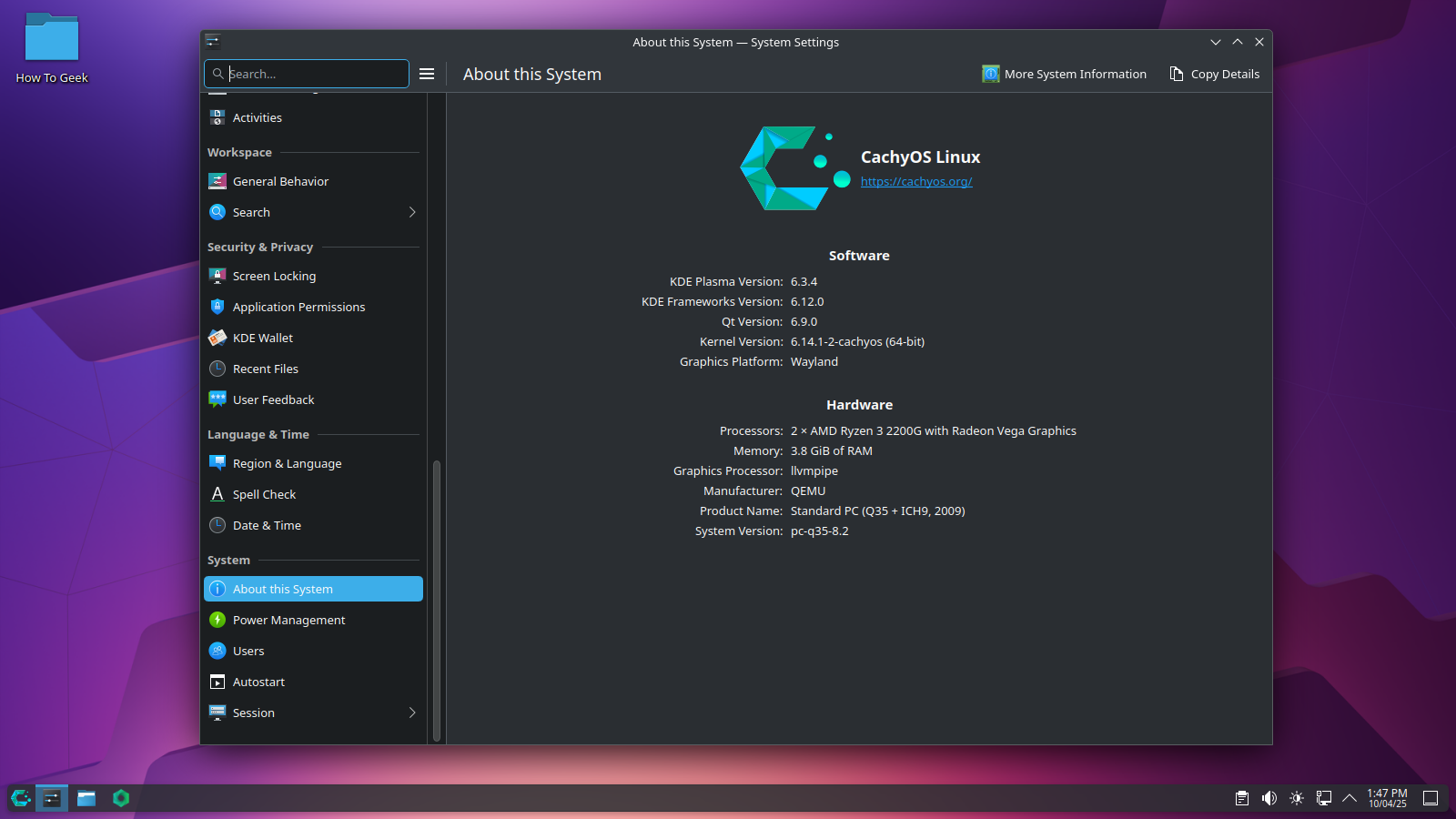 CachyOS Settings About page.