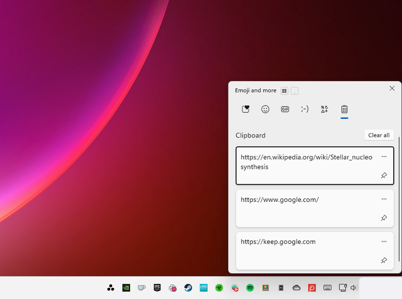 The clipboard history flyout on Windows 11. 