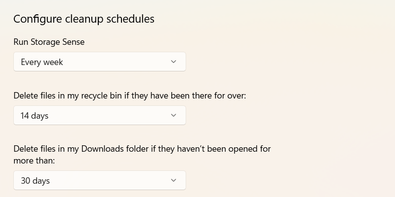 Configuring Storage Sense in Windows 11.