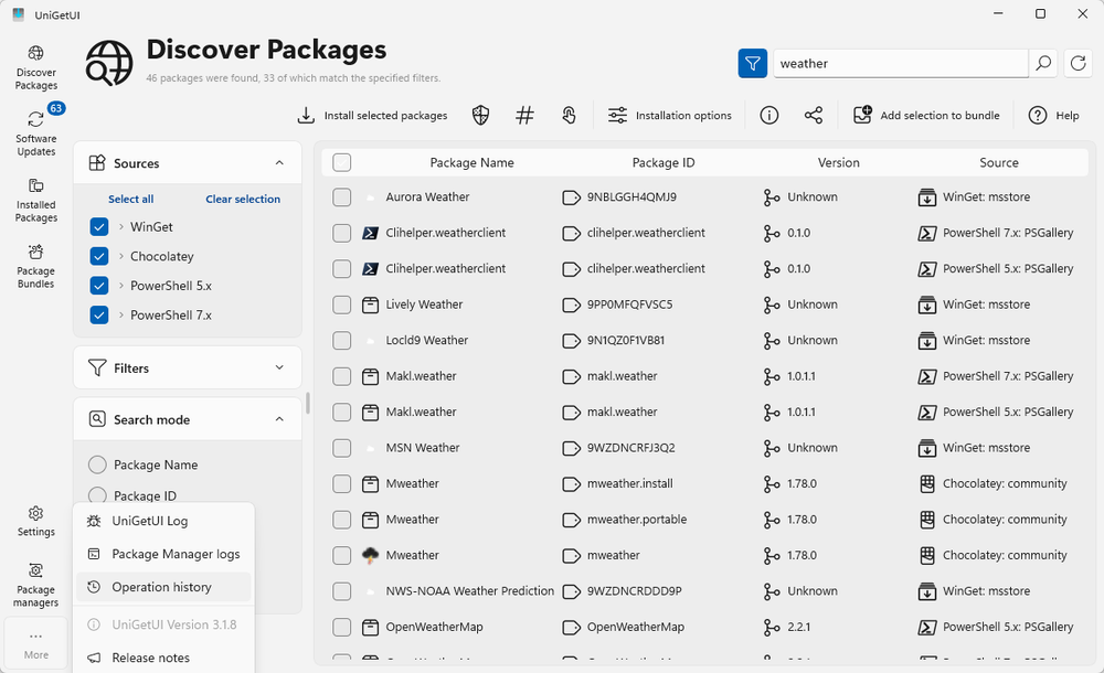 Browsing available packages in UniGetUI