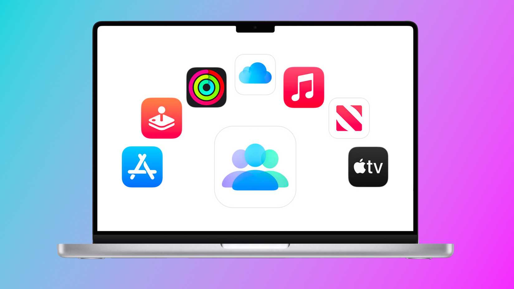 Family Sharing icon surrounded by services available with an Apple One subscription showcased on a MacBook Pro in front of a colorful background.