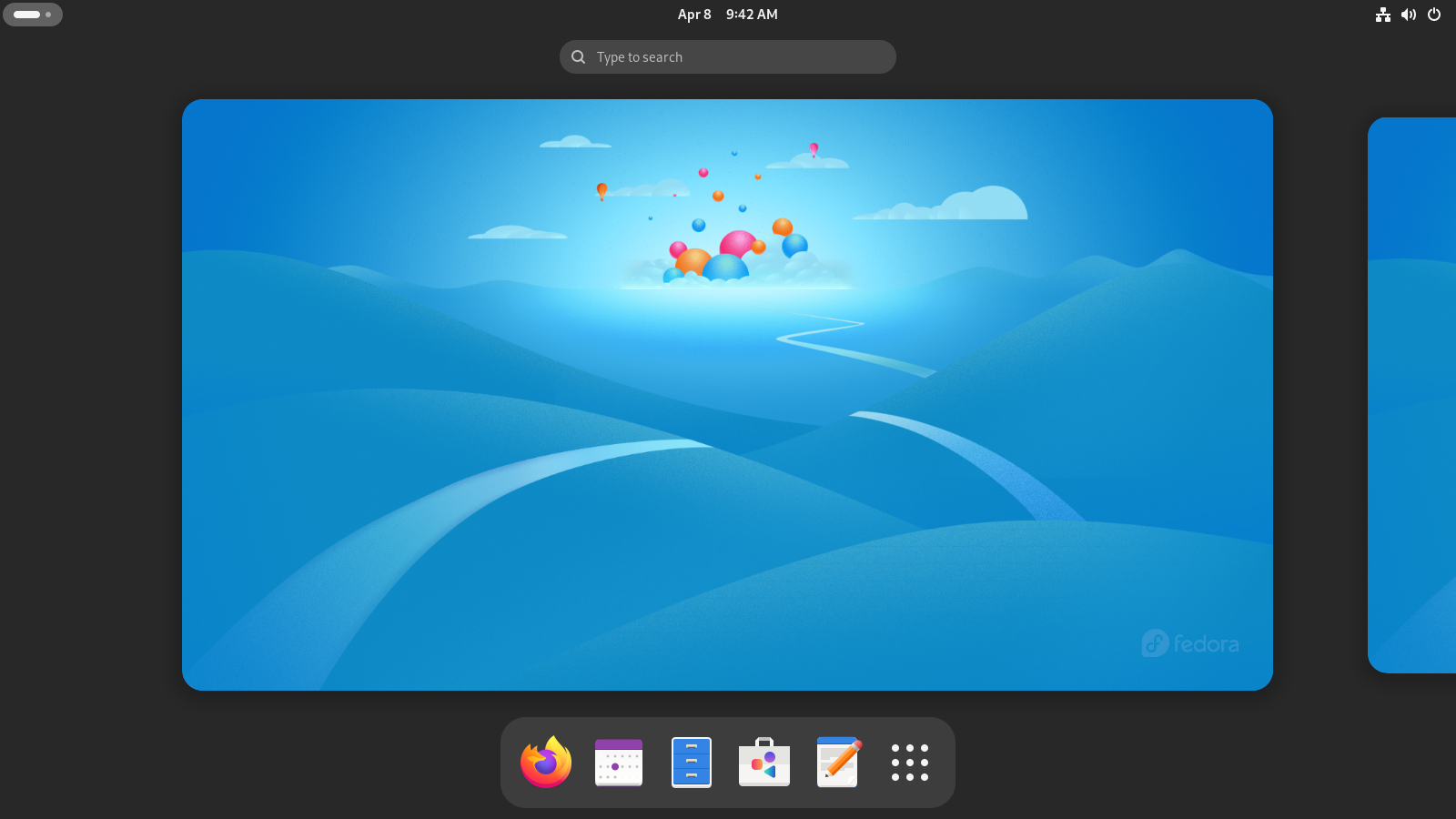 Fedora GNOME Activities Overview.