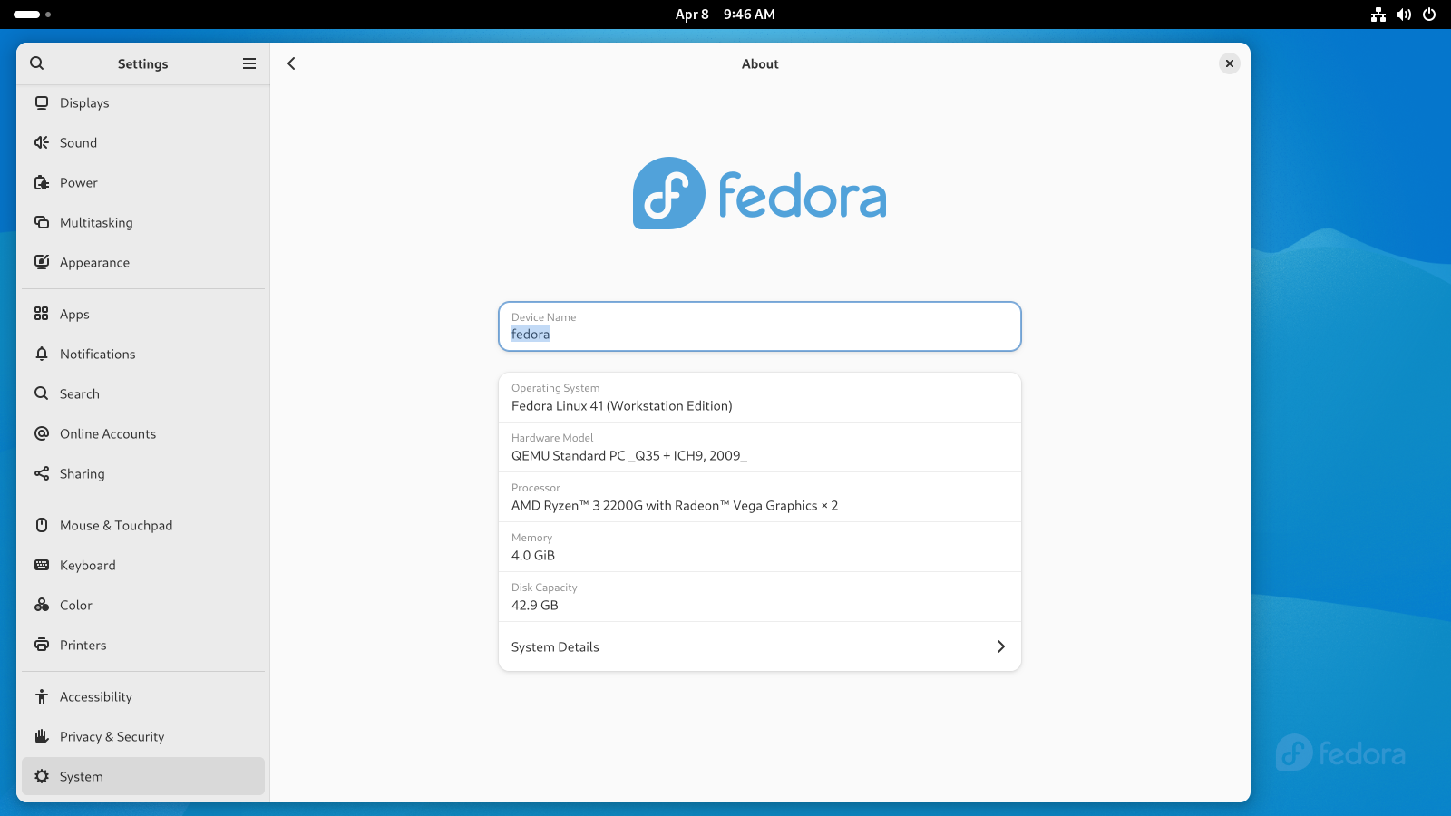 Fedora GNOME Settings about page.