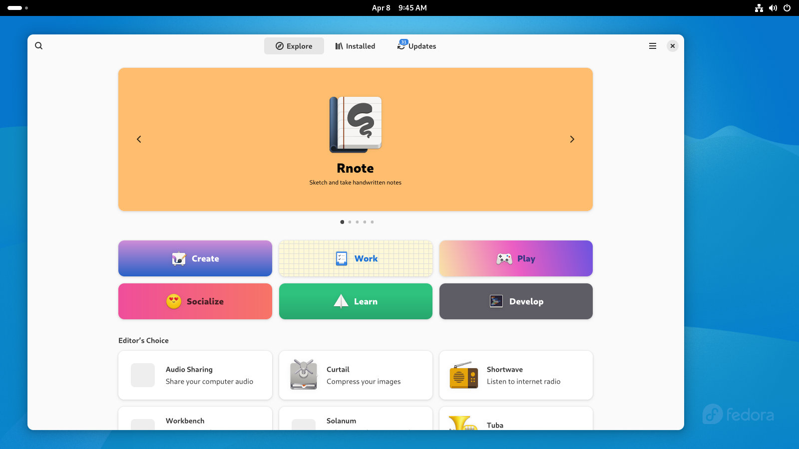 Fedora GNOME Software center for downloading apps.