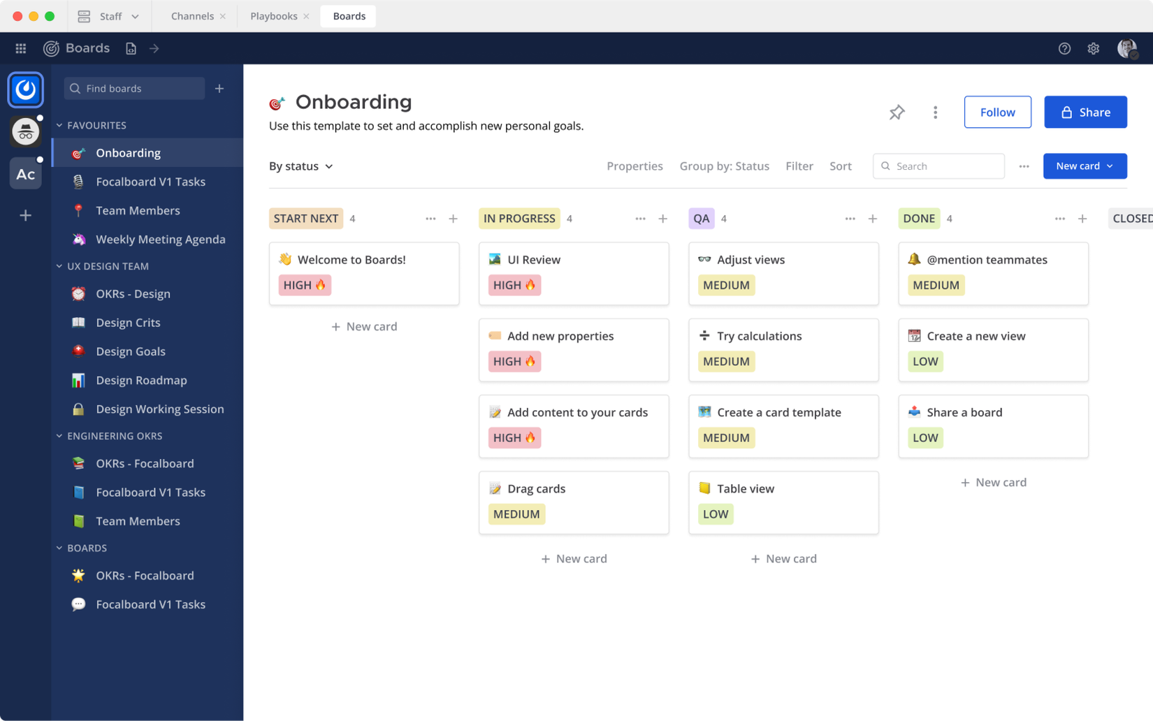 The Focalboard user interface showing tasks in an onboarding project.