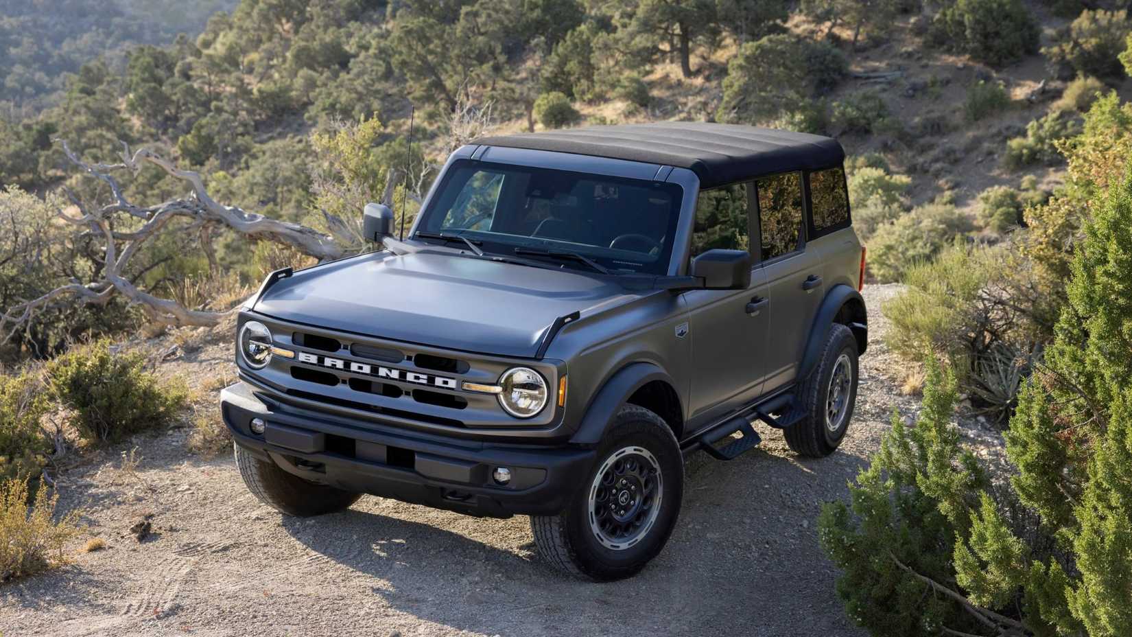 Front 3/4 shot of a 2025 Ford Bronco off-roading.