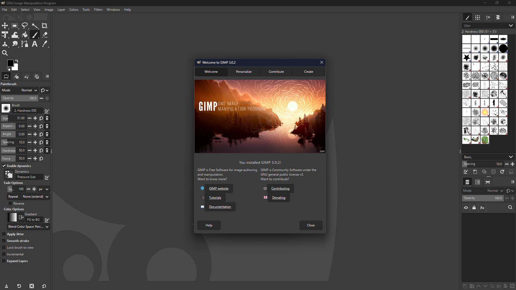 GIMP Windows first run startup screen showing options menu