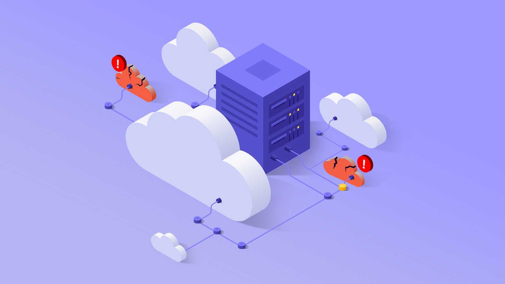 Illustration of a server connected to some clouds and two broken clouds with a warning sign.
