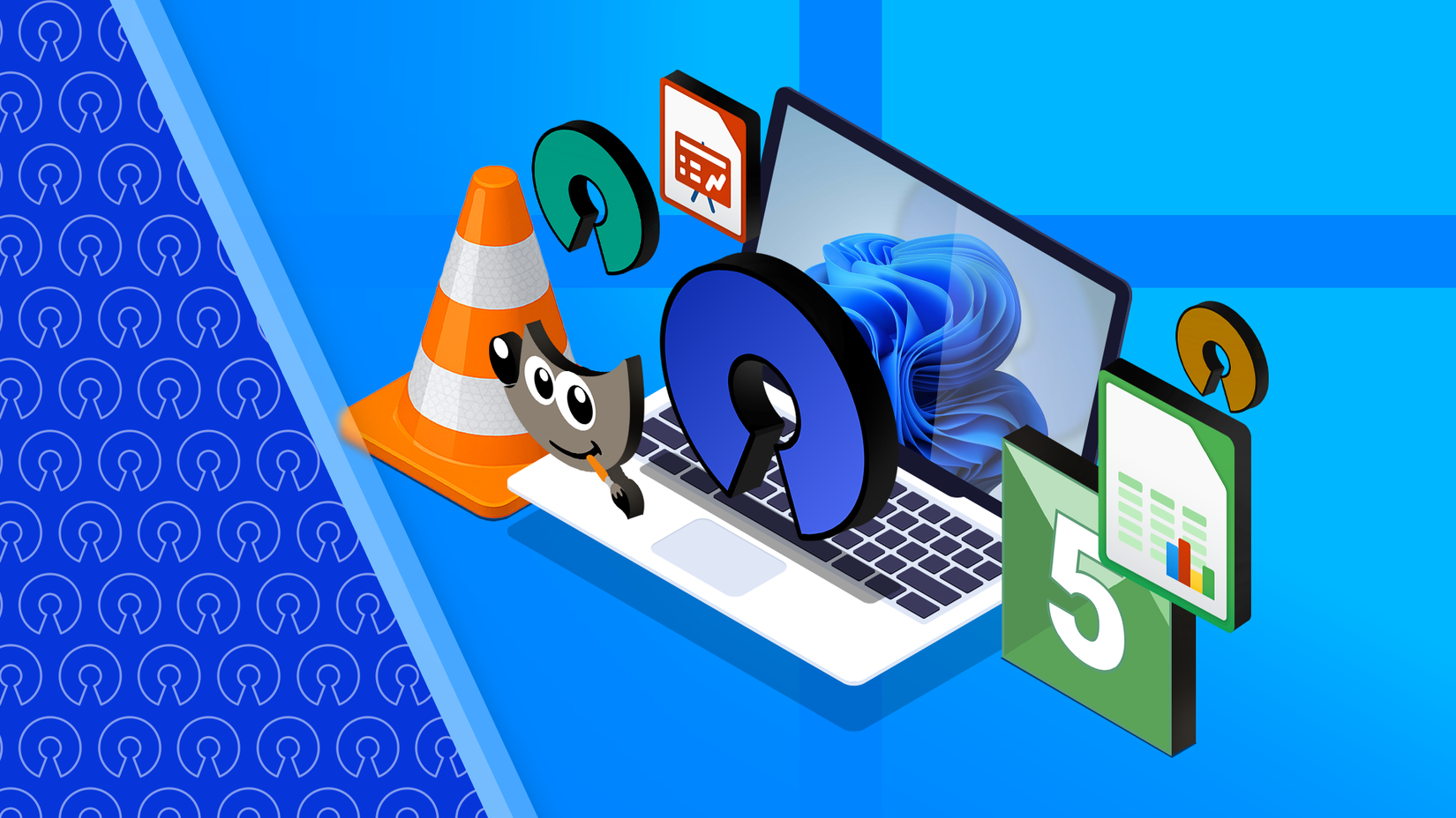 Ilustração de um laptop do Windows 11 e logotipos de alguns aplicativos de código aberto em torno dele.-1