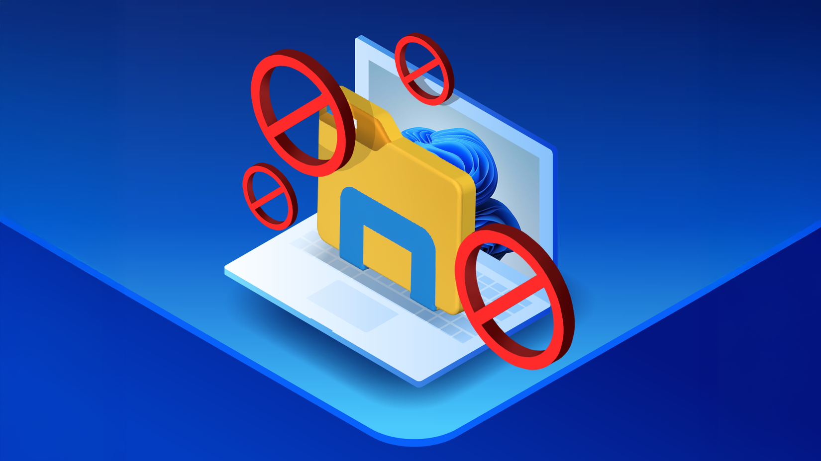Isometric illustration of a laptop running Windows 11 and the File Explorer icon surrounded by prohibition signs.