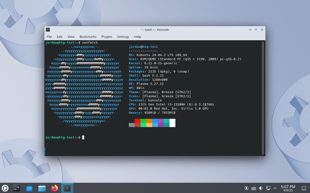 Kubuntu desktop with a terminal open and neofetch command output visible.-1