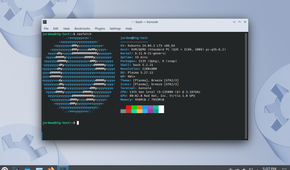 Kubuntu desktop with a terminal open and neofetch command output visible.-1