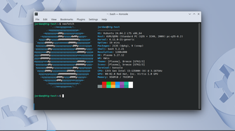 Kubuntu desktop with a terminal open and neofetch command output visible.-1