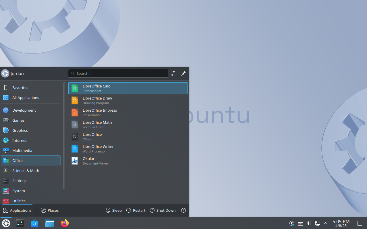 Kubuntu desktop with the application launcher menu open.-1