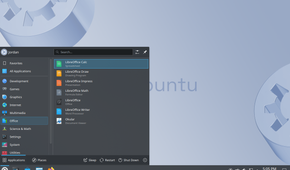 Kubuntu desktop with the application launcher menu open.-1