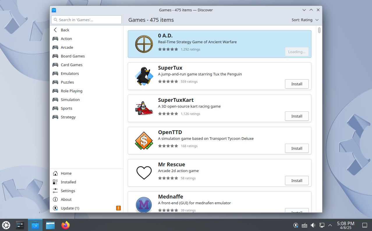 Kubuntu software store open with a list of games visible.-1