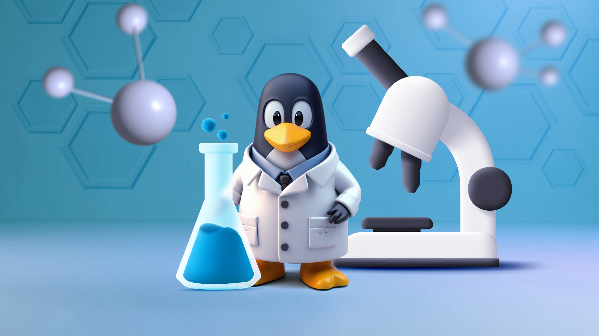 The Linux mascot wears a lab coat, has a beaker next to him, and a microscope behind him.