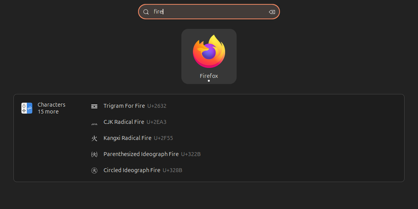 Locating Firefox in Applications menu search.